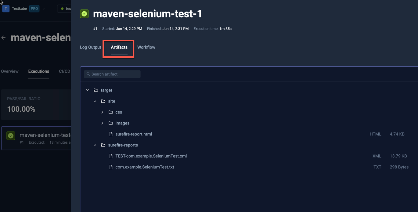 Selenium Artifacts Tab